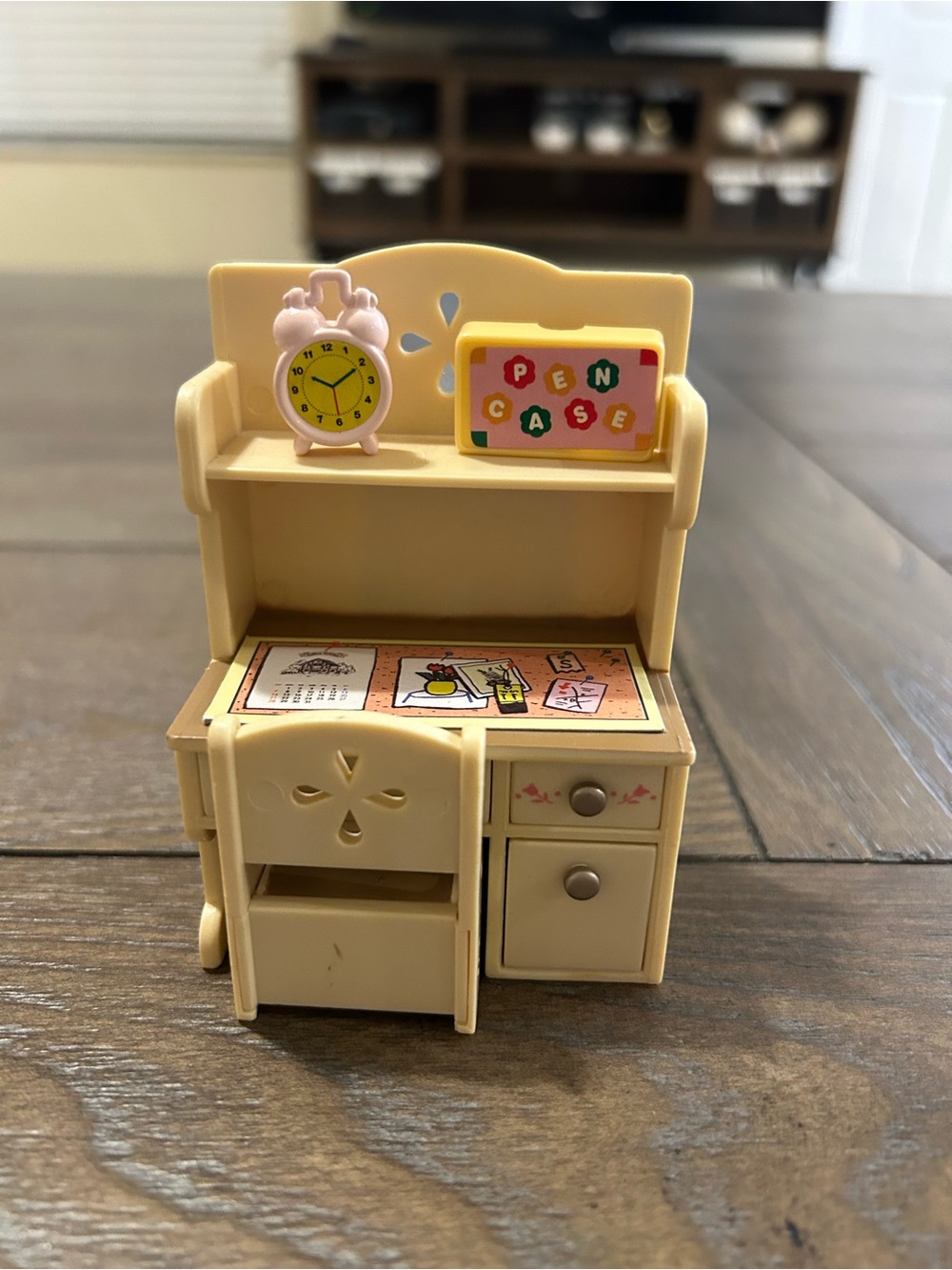 Calico Critter Desk with Pink Clock and Pen Case